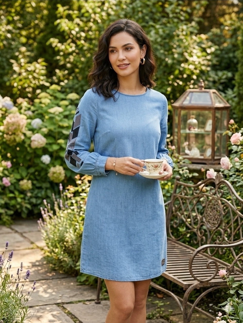 Light Blue Long Sleeve Denim-Style Dress with Sleeve Detail